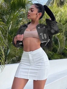 SHEIN SXY 女式长袖单排扣磨边短款牛仔夹克 - 淺灰色 - 查看 3