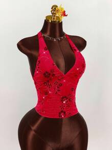 Amplova 2025 新款夏季度假背心，刺绣串珠深 V 领休闲性感女式吊带背心，开学派对 - 酒紅色 - 查看 6