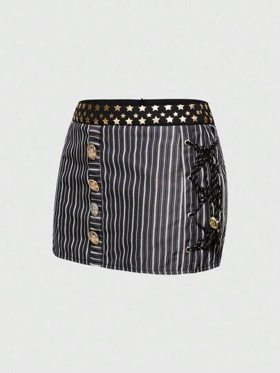 Fairycore Jupe mini côtelée avec laçage latéral, style Y2K Harajuku pour femmes