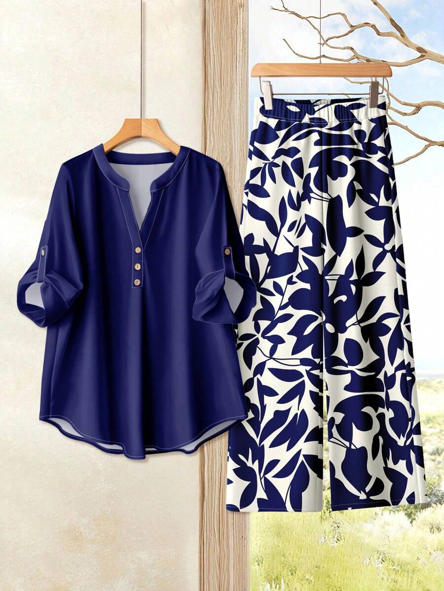 Rusticease 女式休闲简约蓝色花卉和叶子印花图案宽松 V 领 3/4 袖上衣和阔腿裤 2 件套 - 彩色 - 查看 1