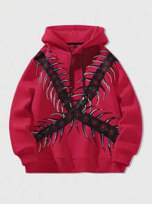 ROMWE MEN Anime Unisex Hooded Sweatshirt With American Street Dark Graphic Print - Red - View 7