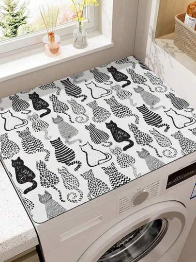 SHEIN 1PC Black White Cat Pattern Washer Mat Non-Slip TPR Top Cover Anti-Vibration Pad Laundry Room Organizer Universal Fit Machine Protector Decorative Home Appliance Pad