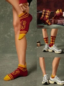 GLOWMODE X Harry Potter 2-Pack Soft Comfy Jacquard Embroidered Anti-Chafing Cotton Blend Crew Socks & Ankle Socks Set Daily Casual - Burgundy - View 7