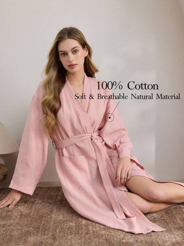 Ocili Leisure Soft Cotton Sheer Double Layer Bathrobe For Women, Comfortable Sleepwear Robe Holiday Season, Fall, Cozy Outfit