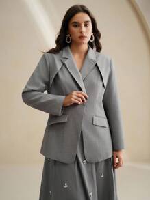 Anewsta 灰色优雅职业女士西装外套，收腰，长袖，独特设计，端庄 - 灰色 - 查看 4
