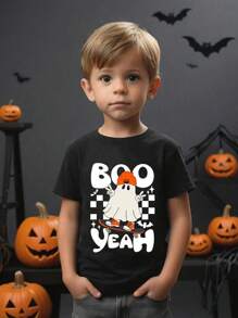 SHEIN Boys Halloween T-Shirt In Black With Boo Yeah Print And Short Sleeves Kids Halloween Shirts Boys Halloween Shirt Boo Yeah Shirt Ghost Skateboard Shirt Custom Halloween Shirt Kids - Black - View 3