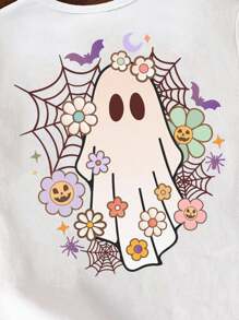 SHEIN Cute Halloween White T-Shirt For Girls With Round Neck And Drop Shoulder Sleeves Kids Halloween Shirts Ghost Shirt Kids Halloween Shirt Girls Fall Kids Clothes Kids Graphic Tees Halloween