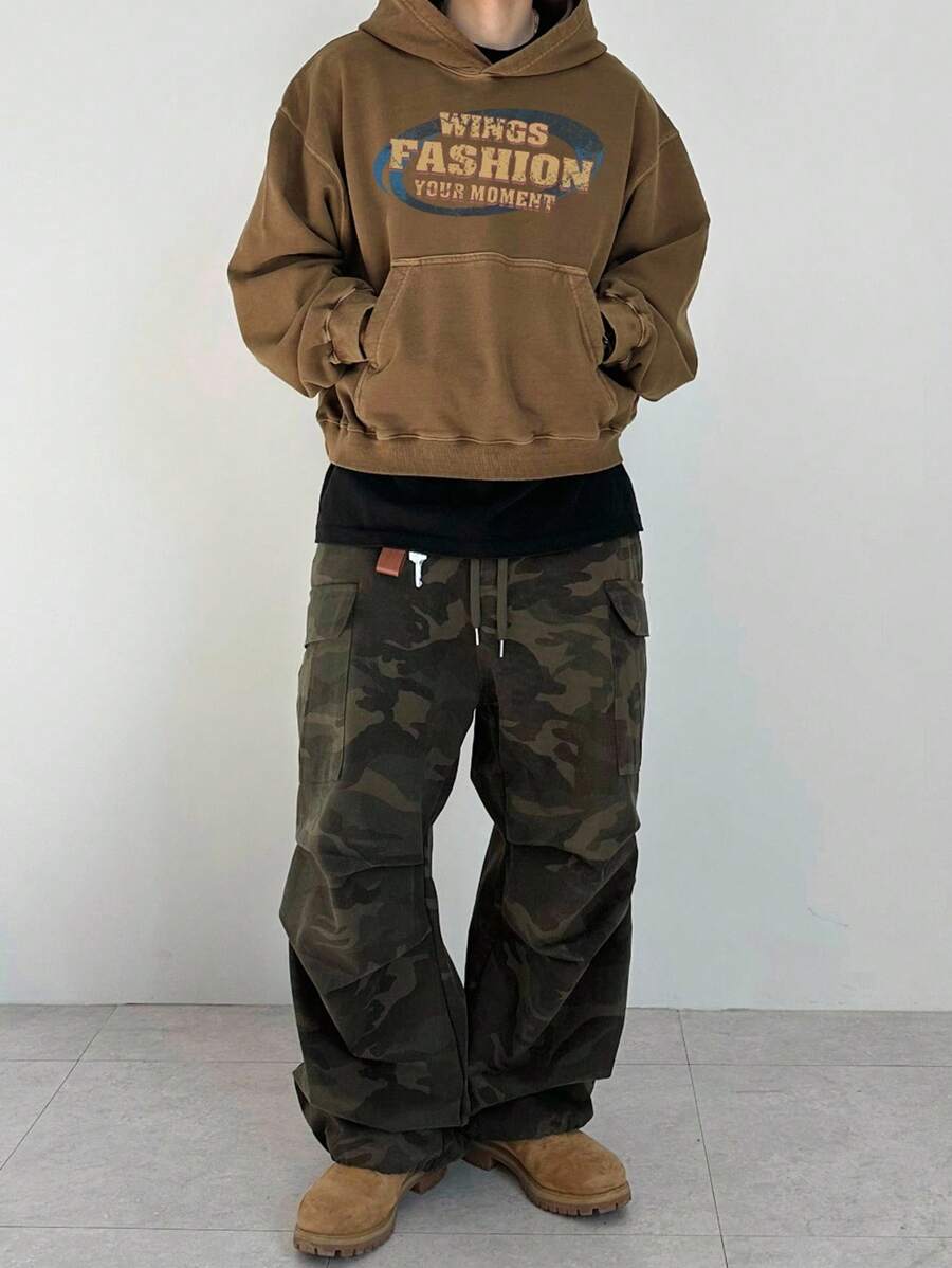 DAZY 男士字母印花连帽衫,棕色,秋季 - 棕色 - 查看 1