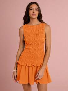 Enchnt 女士优雅纯色无袖中长连衣裙，夏季 - 橘色 - 查看 6