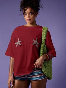 MISSGUIDED Oversized Summer T Shirt With Crystal Starfish Applique Beachwear Resort Casual Elbow Length Sleeves Beach Vacation Top