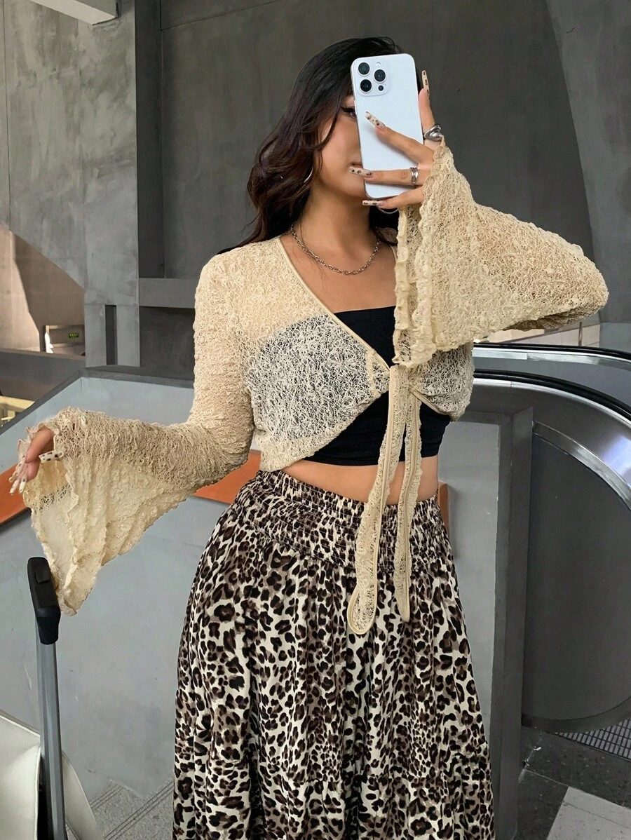 SHEIN EZwear Plus Size Women's Tie Front Cropped Sheer Jacket With Flare Sleeves Winter Fall Autumn - Khaki - View 1