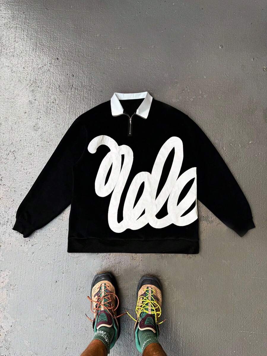 Manfinity Dauomo Men's Striped Pattern Contrast Color Polo Collar Long Sleeve Casual Sweatshirt - Black - View 1