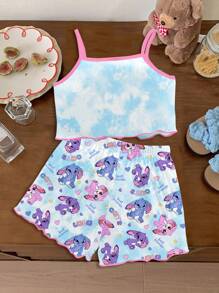 卡哇伊可爱卡通蓝兔露露和史迪奇图案，清新天蓝色扎染，年轻女孩休闲简约吊带背心上衣和短裤，适合夏季家居服，度假氛围，阳光之旅，春季休闲装，夏季度假，家庭时光，可爱的Y2K椰子女孩波西米亚假期春假早午餐准备淡蓝色女孩之旅，霓虹海滩氛围，波西米亚嬉皮风格音乐节 - 彩色 - 查看 2