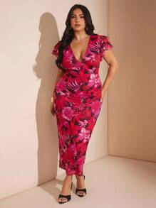 SHEIN BAE 大码女式优雅花卉印花修身连衣裙，夏季 - 粉色 - 查看 3