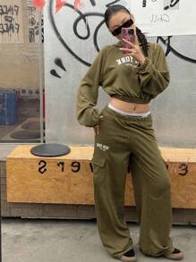 SHEIN Explorewe 2 件套 Streetcool 休闲少女春秋英伦印花连帽短款运动衫和侧袋工装裤，适合日常穿着和运动 - 軍綠色 - 查看 8