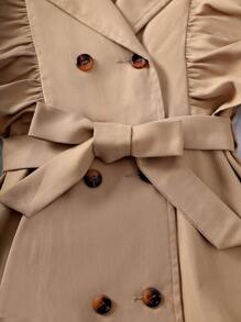 SHEIN Tween Girl Double Breasted Ruffle Trim Flare Sleeve Belted Trench Coat,In Fall/Winter