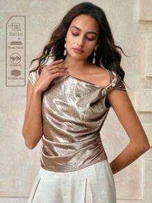 Arave Damen Satin Metall Dekorative Accessoires Plissee asymmetrische Schultern Schräger Kragen Design Tägliche Pendler Exquisite Retro Mode Elegante Vintage Kleidung Frauen Reise Flughafen Top - Grün - Übersicht 5