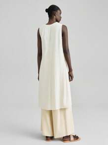 Ontre 夏季无袖休闲纯色开衩上衣 - 卡其色 - 查看 3