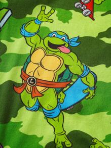 TEENAGE MUTANT NINJA TURTLES | SHEIN 青少年男孩迷彩印花短袖上衣和弹力贴身长裤睡衣套装 - 軍綠色 - 查看 3