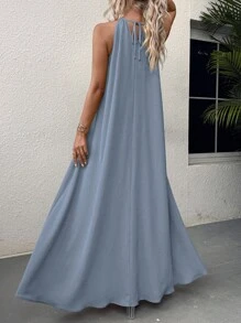 Hotletica 女式无袖镂空褶皱纯色连衣裙超长度假海滩装 - 藍色 - 查看 2