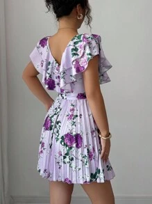 SHEIN Elenzya Ruffle Sleeve V-Neck Cinched Waist Pleated A-Line Floral Print Vacation Elegant Romantic Dress, Purple - Multicolor - View 2
