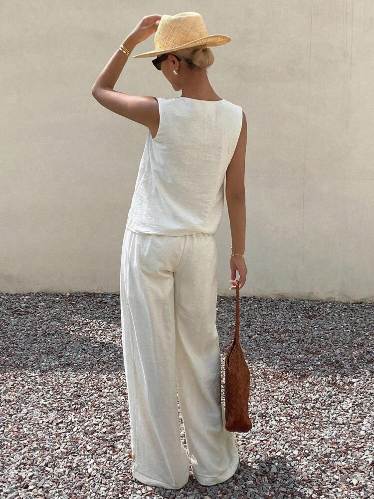 2pcs/Set Women's Vacation Style Embroidered Round Neck Camisole And Wide Leg Pants