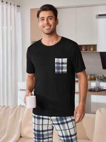 Men's Plaid Print Casual Couple Top & Pants Pajama Set - Black - View 3