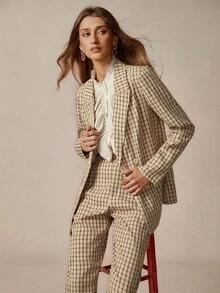 SHEIN LUNE 百搭休闲通勤双排扣格子西装套装 - 杏色 - 查看 1