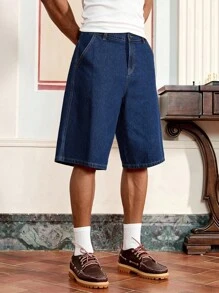 SWAVVY 男士刺绣设计宽松阔腿休闲牛仔短裤 - 深色水洗藍 - 查看 3