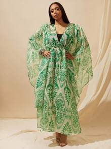 Vixey Kimono de gasa estampada con mangas anchas y abiertas, cintura con cordón - Rojo y negro - Ver 5