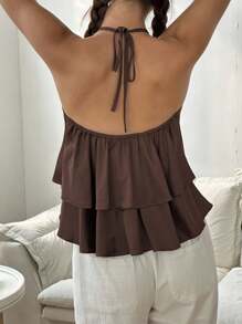 Women's Fashion Solid Color Ruffle Trim Halter Neck Camisole