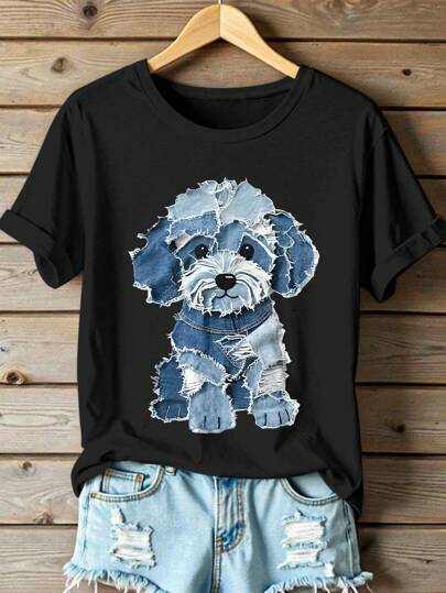 EMERY ROSE Vintage Patchwork Puppy Graphic Print T-Shirt, Women's Casual Round Neck Short Sleeve Minimalist Top, Suitable For Outdoor Wear