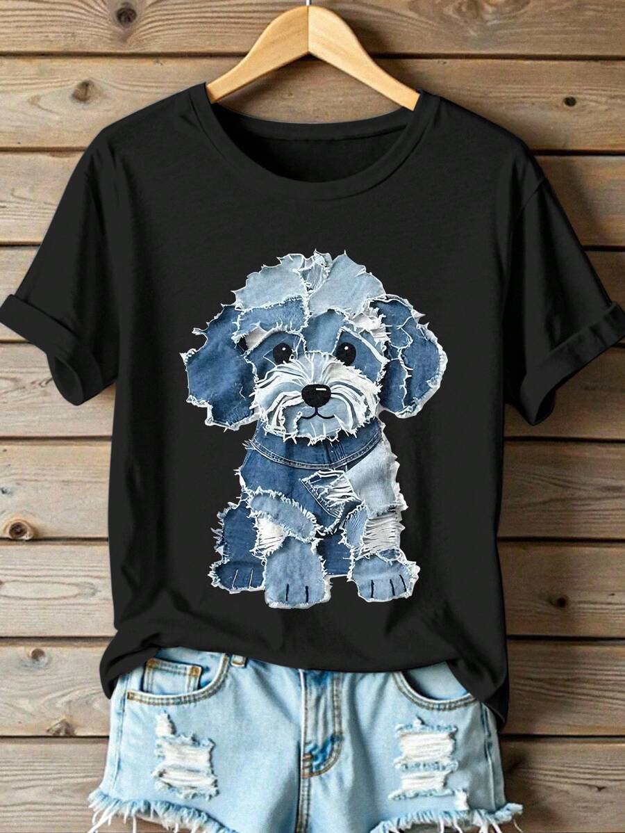 EMERY ROSE Vintage Patchwork Puppy Graphic Print T-Shirt, Women's Casual Round Neck Short Sleeve Minimalist Top, Suitable For Outdoor Wear - Black - View 1
