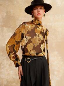 Arave Áo sơ mi nữ chất liệu vải dệt jacquard dập nổi, cổ áo thiết kế ruy băng phối màu tương phản, thời trang và thanh lịch, hai màu, chất liệu jacquard, thích hợp cho giáo viên, mùa thu, phong cách cổ điển, màu trắng, thường ngày, mùa xuân. - Nhiều màu - Xem 4