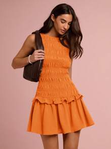 Enchnt 女士优雅纯色无袖中长连衣裙，夏季 - 橘色 - 查看 5