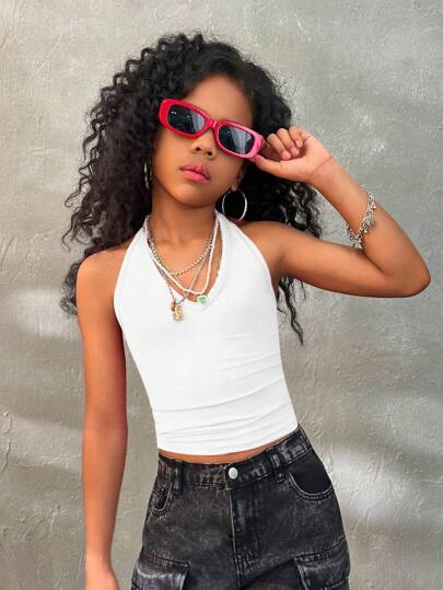 Coolane Tween Girls Four Seasons Streetwear V-Neck Solid Color Backless Vacation Tank Top For Girl, Can Be Worn As A Neck Hanging,Back To School