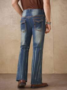 Manfinity Homme Vintage Washed Blue Denim Jeans With Embroidery, Casual American Style, Suitable For All Seasons - Blue - View 3
