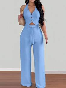 INAWLY 女士休闲度假露背背心和阔腿裤两件套 - 霧霾藍 - 查看 3