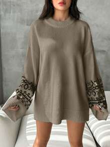 EURMUSE Women Geometric Print Crew Neck Long Sleeve Sweater - Mocha Brown - View 6
