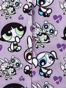 THE POWERPUFF GIRLS X SHEIN 少女卡通人物与爱心随机全身印花纽扣式贴身连体裤家居服 - 紫色 - 查看 4