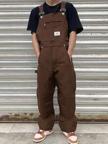 Claim Dot Men's Casual Fashion Versatile Bib Overalls, With Patch Design, Oversized, Summer , Fall Brown Overalls Baggy Overalls Men S Overalls Loose Overalls