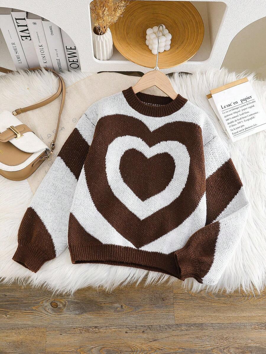SHEIN Tween Girl Street Dropped Shoulder Heart Jacquard Casual Sweater, Summer - Brown - View 1