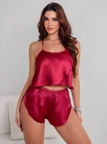SHEIN Bộ đồ ngủ quần short dây mảnh khoét sâu ren gợi cảm, quyến rũ và hấp dẫn - Màu Đỏ Sâu - Xem 6