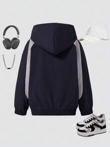 SHEIN Chaqueta con capucha con bloque de color y estampado de letras para niño preadolescente, ropa urbana, elegante para otoño/invierno - azul real - Ver 2