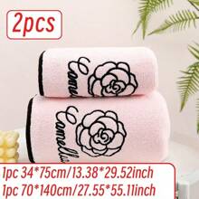 SHEIN 1件/2件装玫瑰刺绣珊瑚绒毛巾套装 - 超柔软、吸水性强、亲肤、速干，包含一条手巾和一条浴巾，尺寸为70*140厘米，适合成人使用，可用于家庭、泳池、浴室等场所。也可用于家居浴室装饰、夏季返校季、美容院等。