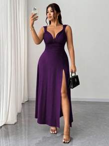 Elenzga Women's Plus Size Solid Color Twist Knot V-Neck High Slit High Stretch Knit Party Cocktail Versatile Stylish Design 2025 New Dress - Purple - View 3
