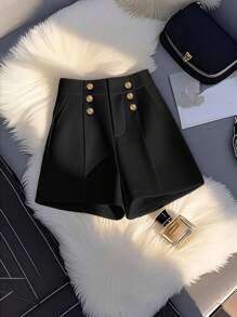 Glyssa 女士时尚优雅简约装饰纽扣 A 字型实用口袋百搭纯色短裤，春夏