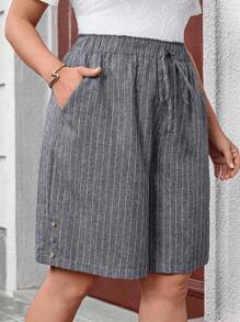 EMERY ROSE 大码条纹口袋侧扣装饰短裤 - 灰色 - 查看 5