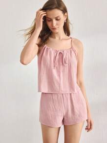 Ocili 休闲女士舒适棉质柔软网眼双层吊带上衣和短裤睡衣套装