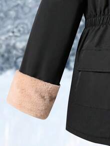 SHEIN Abrigo acolchado de parchwork negro con forro de piel sintética cálido para otoño/invierno, versátil y casual para uso diario y escolar para niñas preadolescentes, con guantes